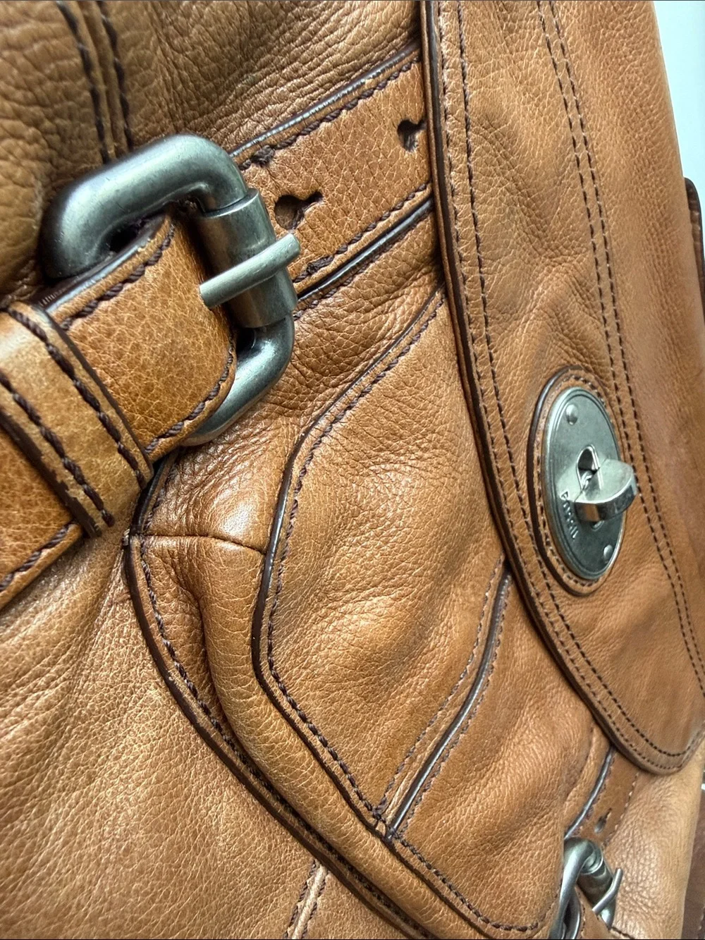 Fossil Tan Leather Messenger Bag with Silver Hardware